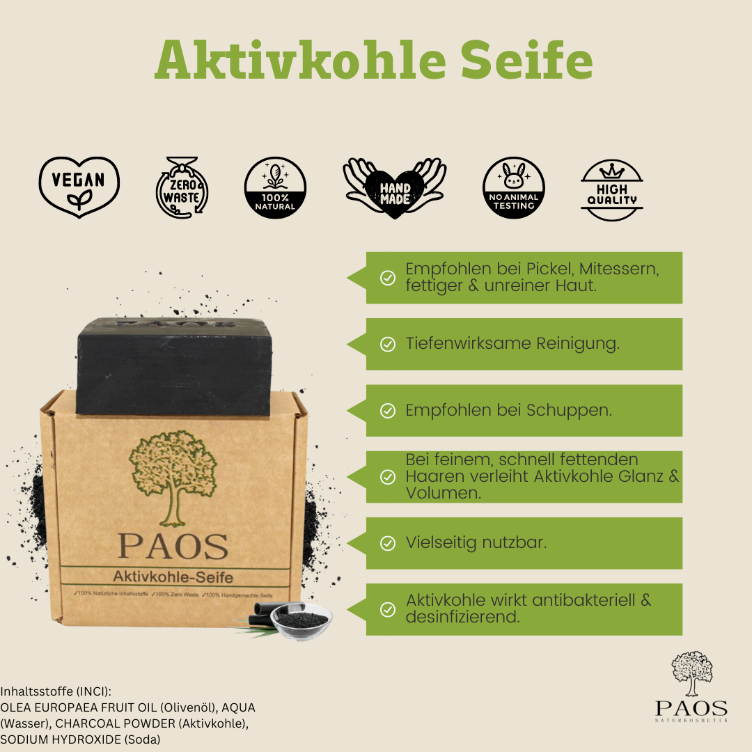Aktivkohle Seife ca.150g, empfohlen bei unreiner Haut, Akne, Pickel, Mitesser und zur Haarpflege - paos-naturkosmetik