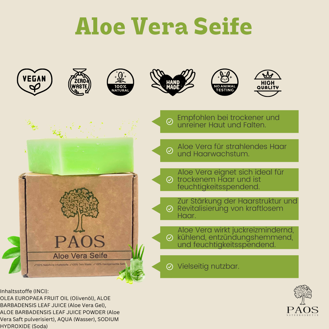 Aloe Vera Seife ca.150g, empfohlen bei Ekzemen, Neurodermitis, Herpes und Schuppenflechten - paos-naturkosmetik