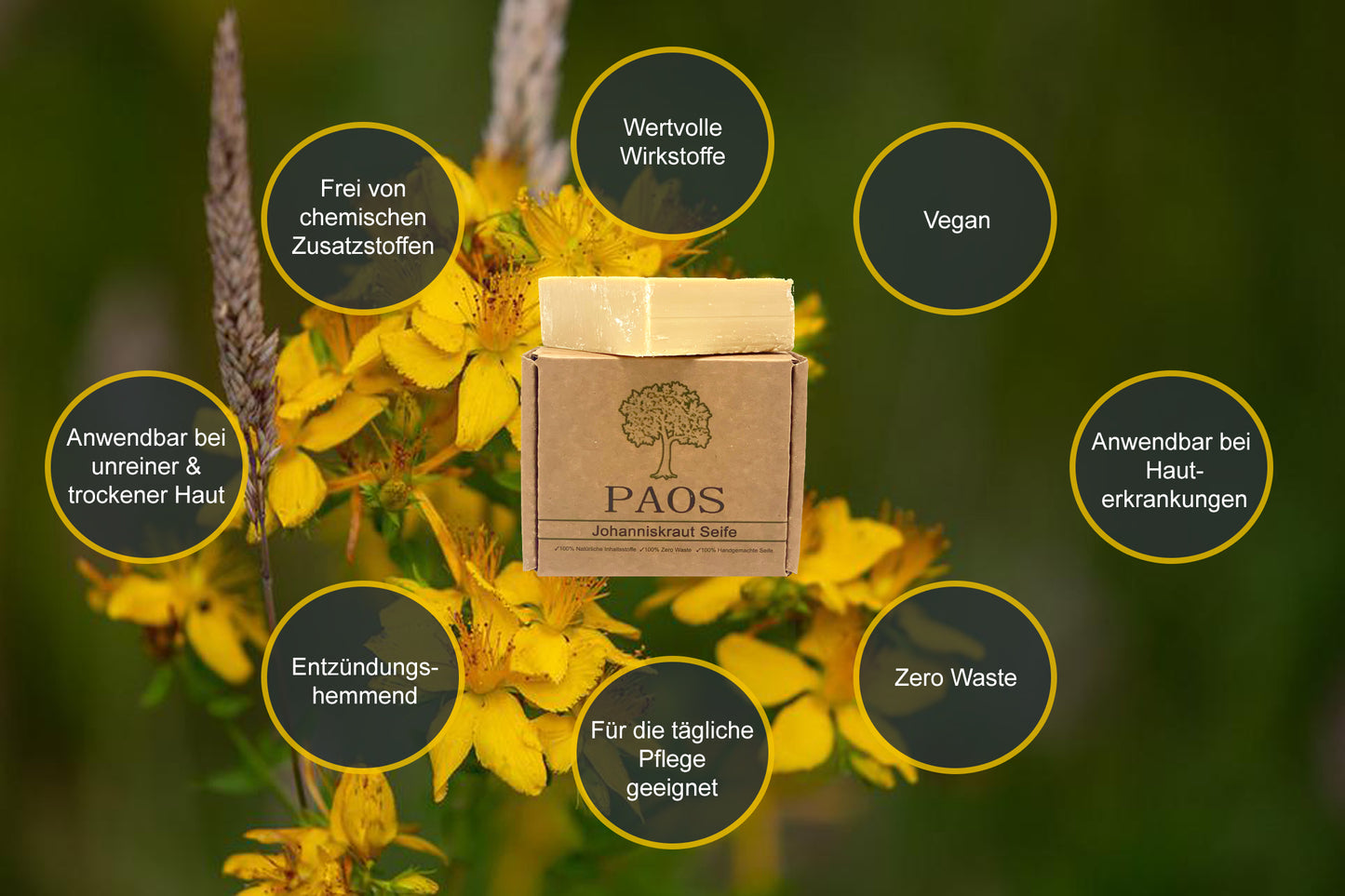 Johanniskraut Seife ca.150g, empfohlen bei Hauterkrankungen, Akne, Pickel, Mitesser, Ekzemen und Pilzen - paos-naturkosmetik